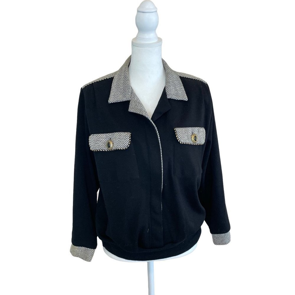 Vintage 90s Pullover Button Down Collared Long Sleeve Black Top